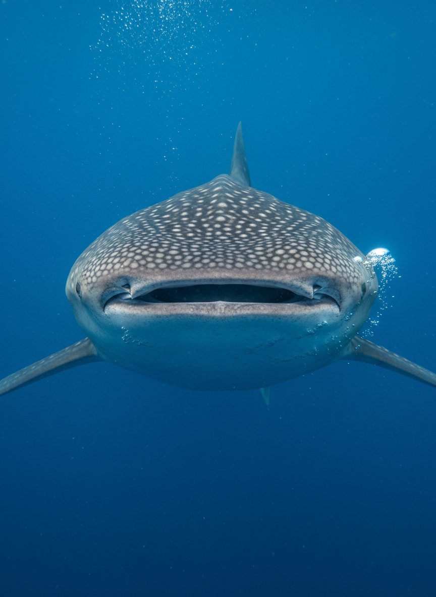 A close-up, photographic portrait of a friendly-looking whale shark swimming slowly through deep blue water, its massive, gentle face and intricate pattern of pale spots and stripes displayed in sharp detail. Tiny bubbles drift upward around its broad head and wide mouth, which is slightly open as it filter-feeds. Soft, diffused light from above creates a calm, even illumination, highlighting the shark’s smooth, dotted skin and tiny eye. Shot straight-on at eye level with a shallow depth of field that gently blurs the distant blue background, the composition fills the frame with the whale shark’s head and upper body. The mood is serene, awe-inspiring, and approachable, perfect for demystifying sharks for younger viewers.