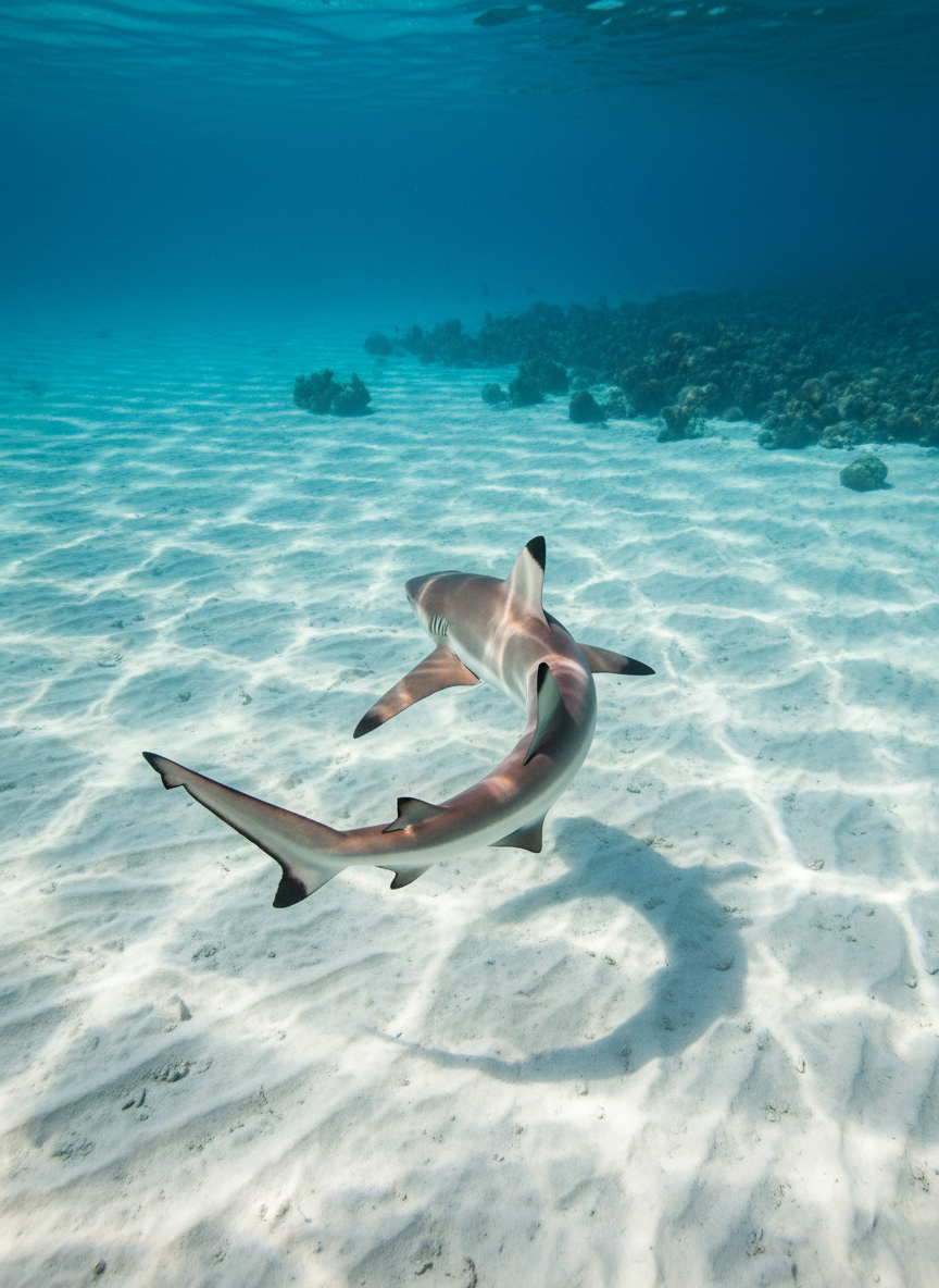 A sleek blacktip reef shark turning gracefully over a shallow sandy lagoon, its distinctive black-tipped fins and streamlined body sharply defined against the pale, rippled seafloor. Shafts of bright tropical sunlight penetrate the clear, shallow water, creating moving patterns of light and shadow on the sand and along the shark’s sides. In the distance, soft silhouettes of coral heads and a gentle slope toward deeper water add depth. Photographic realism, captured from slightly above and behind the shark to emphasize motion and form. The wide, horizontal composition feels airy and playful, showcasing natural shark behavior in a calm, inviting environment without any sense of danger or sensationalism.