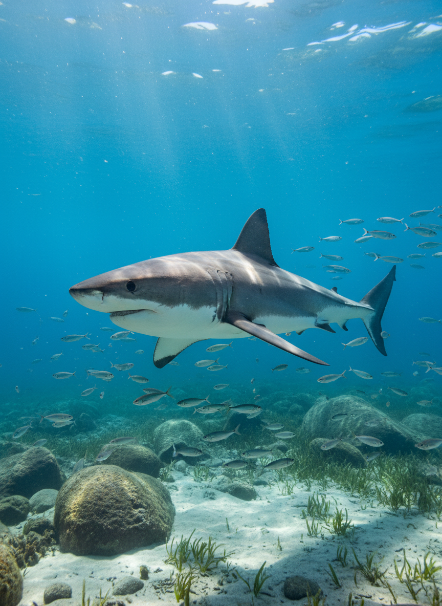 A sleek, curious great white shark gliding calmly through crystal-clear blue water, its smooth gray-and-white skin catching dappled sunlight from the surface above. Around it, small silvery fish shimmer in loose schools over a gently sloping sandy seabed with scattered rocky outcrops and patches of seagrass. Soft midday sunlight filters down in visible beams, creating a peaceful, almost magical atmosphere. Photographic realism with vibrant, natural colors, shot at eye level with the shark slightly off-center using the rule of thirds. The background falls softly out of focus, emphasizing the shark’s relaxed posture and graceful movement, presenting it as a majestic, non-threatening ocean resident suitable for all ages.