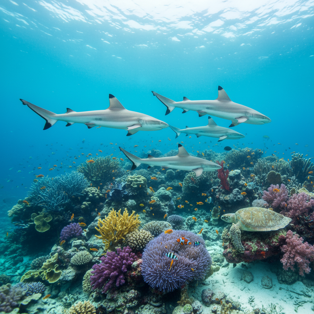 A playful group of reef sharks cruising together above a colorful coral reef, their slender bodies and distinct dorsal fins clearly visible in the clear turquoise water. Below them, branching corals, swaying sea fans, and anemones create a lively underwater city filled with tiny reef fish and a resting sea turtle near a rocky ledge. Gentle, diffused tropical sunlight streams down from the rippled surface, casting soft shadows and highlights across the scene. Photographic realism, captured from a slightly elevated angle to show the full environment. The composition uses wide-angle framing with sharp focus throughout, emphasizing community, curiosity, and the harmony of sharks within a thriving marine ecosystem in a fun, educational style.